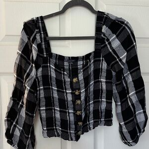 American Eagle Outfitters Black & White Plaid Button-Front Square Neck Crop Top